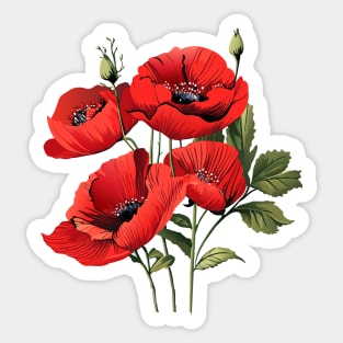 Red poppies flowers, beautiful Papaver rhoeas, poppy, corn poppy, corn rose, field poppy, Flanders poppy, and red poppy, herbaceous species, flowering plant, watercolor Holiday Decoration Sticker